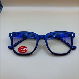 E-specs Blue Light Metallic Blue Square Frame Glasses +2.00
